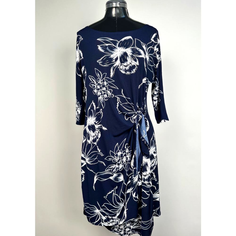 Robbie Bee Navy and Cream Floral Midi Faux Wrap Dress Women’s Med Petite